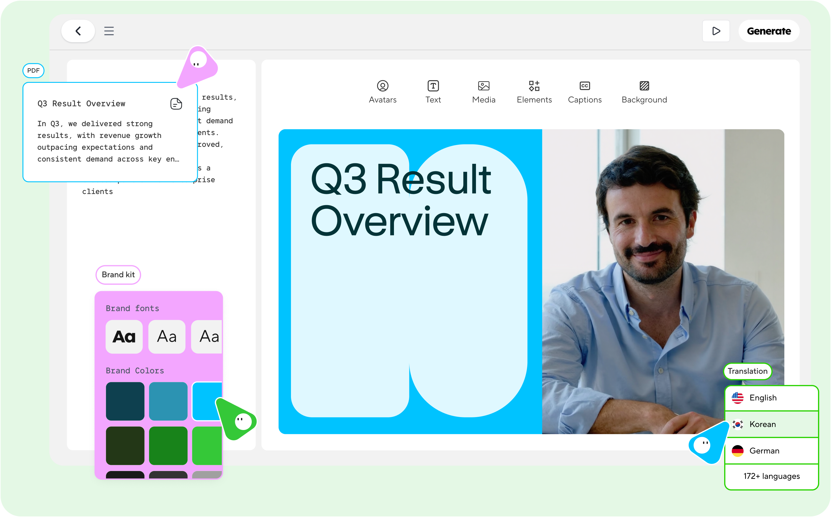 HeyGen AI Studio-interface met scripteditor en avatar-preview